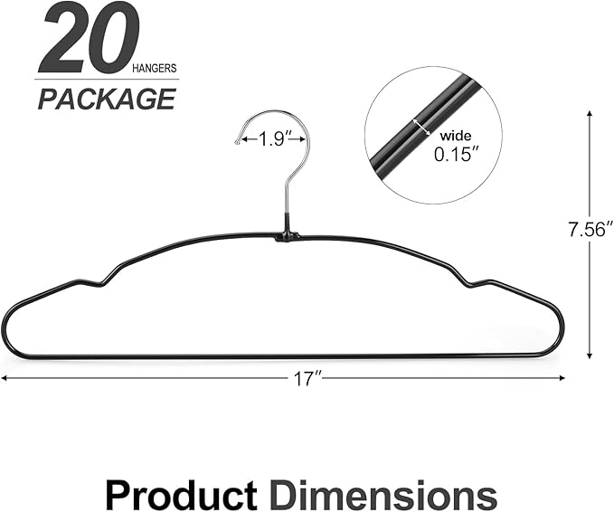 TOPIA HANGER Metal Hangers 20 Pack, Non Slip Clothes Hangers Space Saving, Heavy Duty Rubber Coated Wire Hanger for Coat, Shirt, Dress, Pants-Black, CT12H