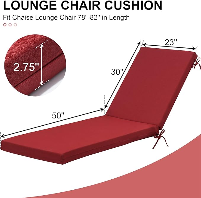 Crestlive Products Chaise Lounge Cushions Outdoor Set of 2, Lounge Chair Cushions for Patio Furniture, Water Resistant Lounger Cushions for Pool, Deck, Lawn, 80''L x 23''W x 3''T, Chili