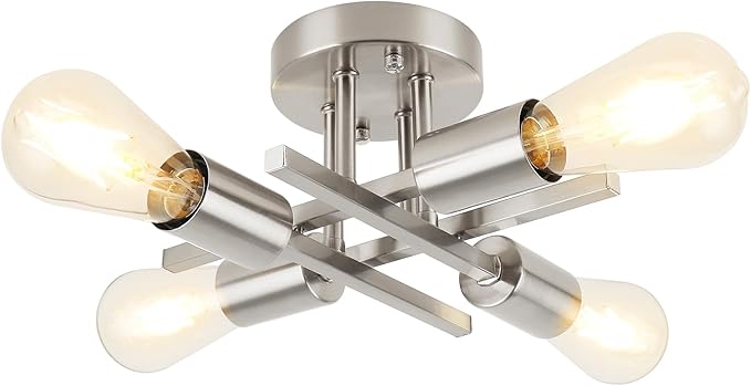 WILON Semi Flush Mount Ceiling Light Fixture, Modern Flush Mount Ceiling Lights, 4-Light Brushed Nickel Sputnik Ceiling Light Fixture with E26 Bulb Base for Hallway Farmhouse Kitchen Bedroom