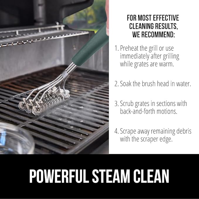 GORILLA GRIP Heavy Duty No Bristle Triple Helix Grill Brush with Scraper for Outdoor Grills, Safe Steam Cleaning, Oversized Comfortable Handle Grip with Bottle Opener, BBQ Tools, 17.5 Inch, Green