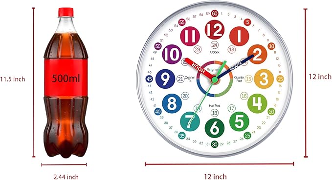 Learning Clock for Kids 12 Inch Learning to Tell Time Easily Colorful Teaching Time Clock Silent Non Ticking Battery Operated Decorative for Classroom School Kids Room Bedroom