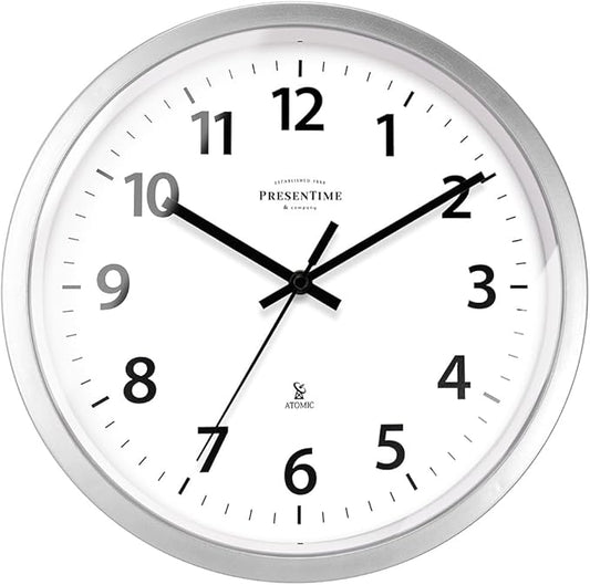 Presentime & Co 12" Atomic Wall Clock, Silent no Ticking, Automatically Sets Itself and Adjust to Daylight Saving Time by WWVB - Faux Stainless Steel Finish. (Home Office)
