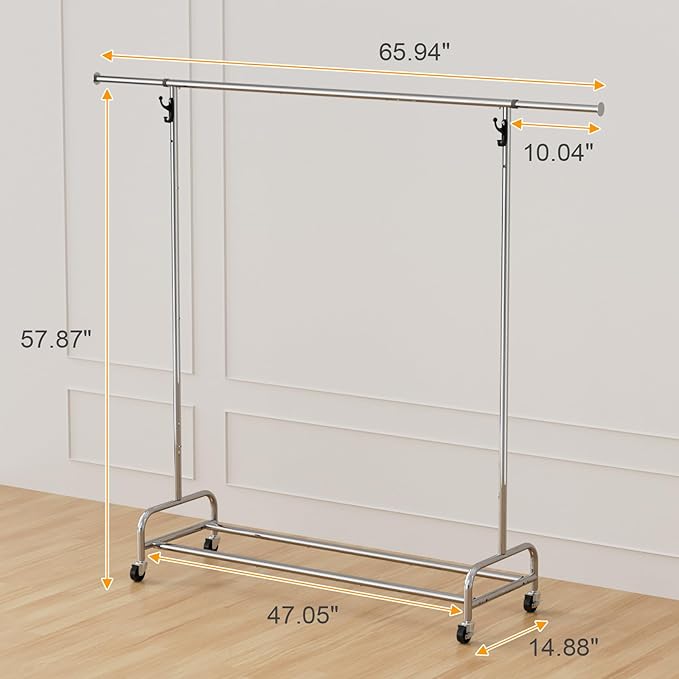 Standard Clothing Garment Rack with Wheels, 47.05" to 65.94" Adjustable Chrome Clothes Rack for Hanging Clothes, Portable Rolling Clothing Rack with Lockable Casters for Bedroom, Laundry Room