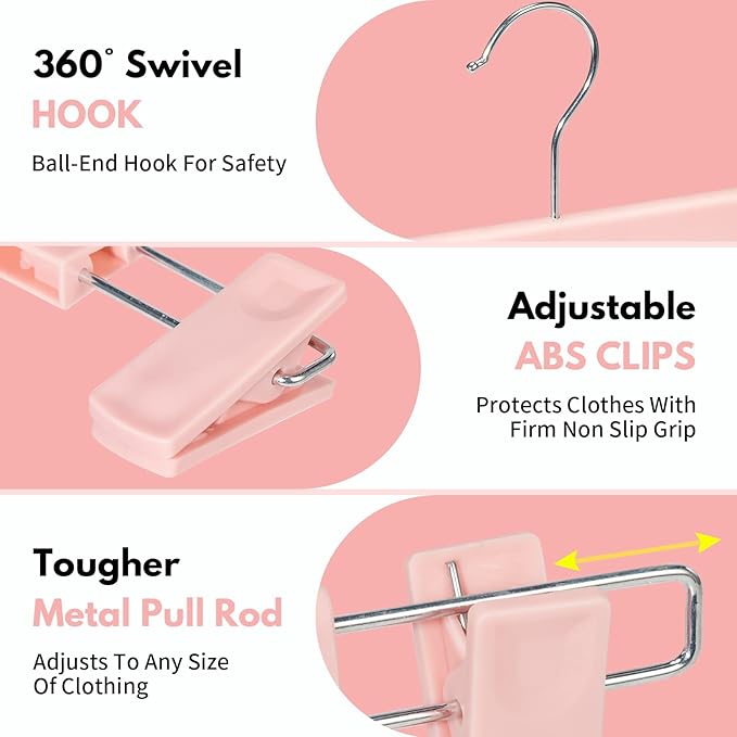 Skirt Hangers，Pants Hangers with Clips，360 ° Swivel Hooks Space Saving Hangersfor Pants, Skirts, Clothes, Jeans (30 Pack, Pink)