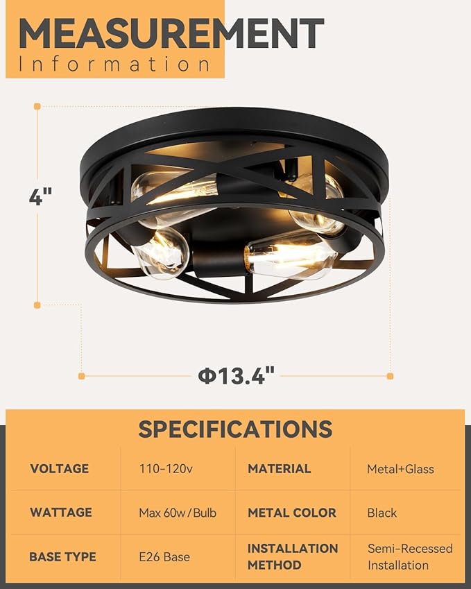 13 Inch Close to Ceiling Light Fixtures, 2 Pack Farmhouse Flush Mount Ceiling Light 4-Lights, Black Metal Cage Semi Flush Mount Ceiling Light for House Hallway Kitchen Bedroom