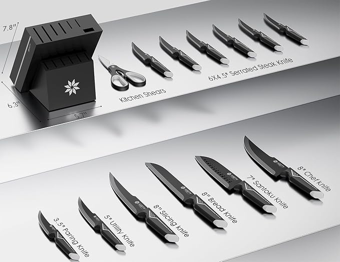 Knife Set - 15 PCS Kitchen Knife Set with Built-in Knife Sharpener Block - Stainless Steel Knife Block Set - Dishwasher Safe, Elegant Box for Men Women, White