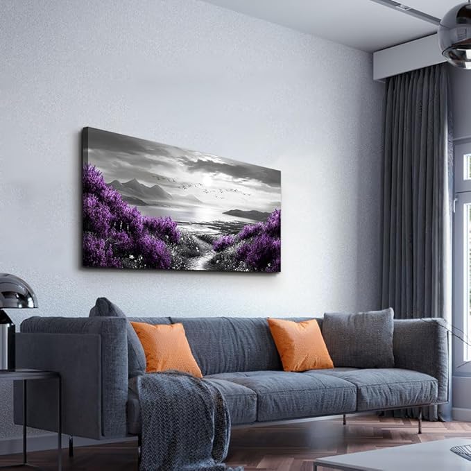 Canvas Wall Decor for Bedroom Large Wall Art for Living Room Modern Office Wall Decoration Purple Flowers Landscape Paintings Black and White Scenery Pictures Artwork Aesthetic Home Decor