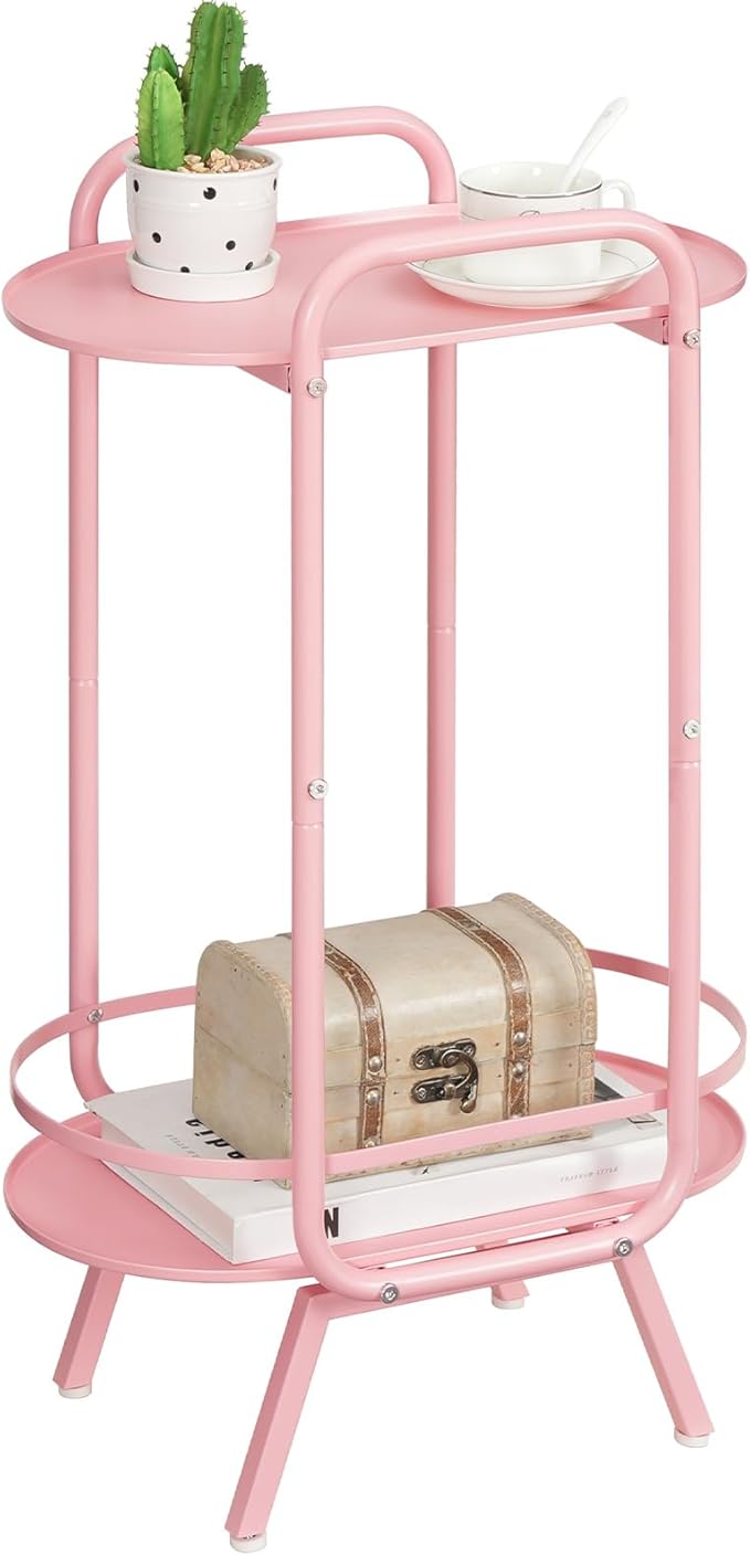 HOOBRO Pink Side Table, 2 Tier Oval End Table with Tray Storage, Small Cute Kids Nightstand for Living Room, Bedroom, Dorm PK184BZ01