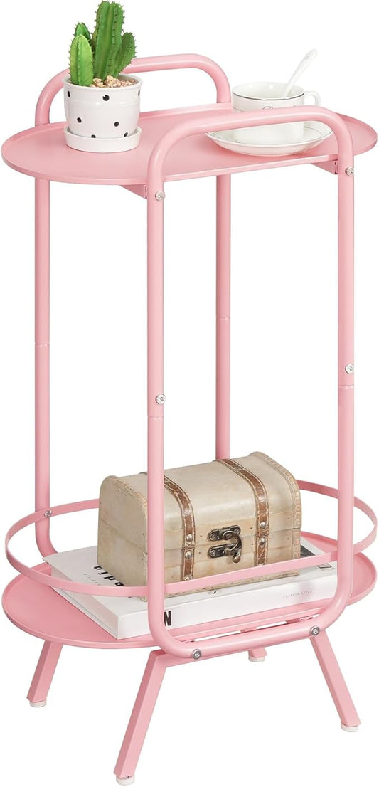 HOOBRO Pink Side Table, 2 Tier Oval End Table with Tray Storage, Small Cute Kids Nightstand for Living Room, Bedroom, Dorm PK184BZ01