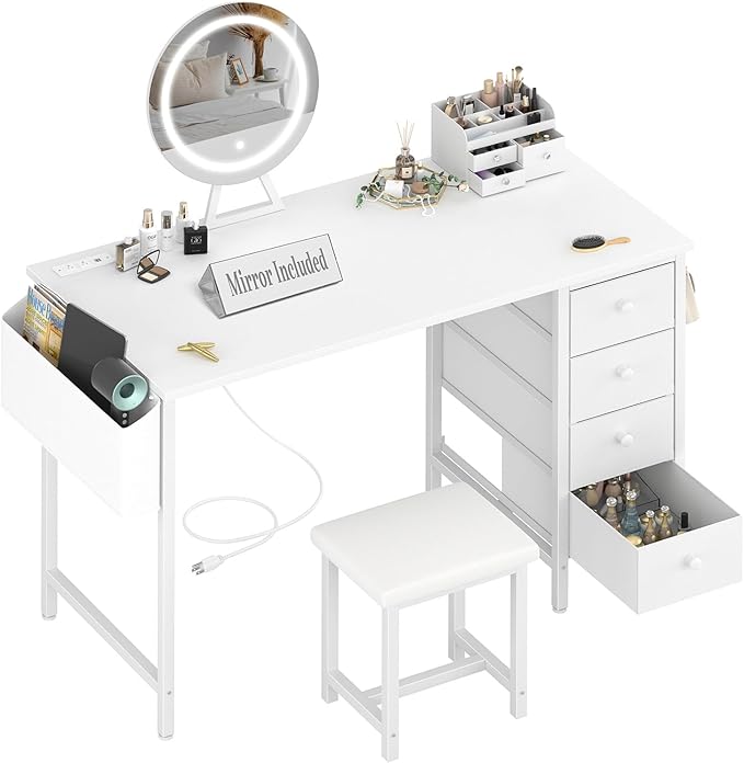 White Vanity Desk with Mirror and Light- Makeup Vanity Set Table with Chair, Storage, Lighted Mirror, 4 Large Fabric Drawers & Power Outlet, Dressing Table Vanities for Girls Bedroom