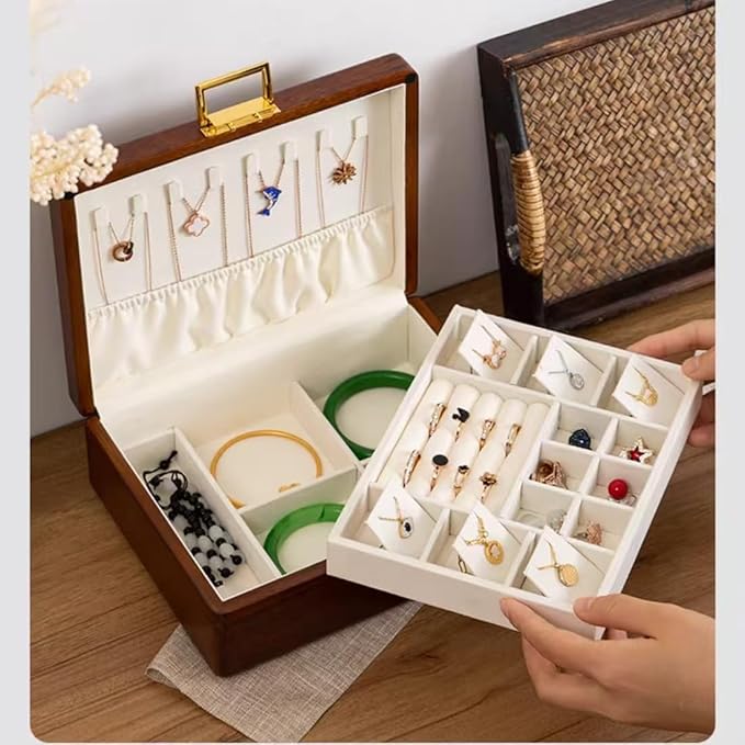 Bescott 2 Layer Solid Wooden Jewelry Box with Lock and Key for Women Men Vintage Velvet Wood Jewelry Organizer Storage for Earrings Rings Necklaces Bracelet Watch Mother’s Day Gift