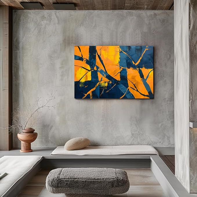 Orange Abstract Wall Art Nave Blue Modern Abstract Wall Decor for Living Room Large Abstract Artwork Prints on Canvas Color Block Painting for Bedroom Home Office Decorations(36"x24")