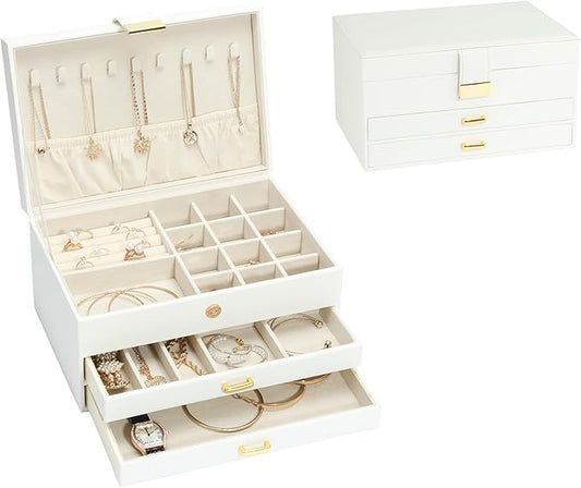 Jewelry Organizer Box for Women Girls, 3-Layer Jewelry Case with 2 Drawers Jewelry Storage Box for Ring Earrings Bracelets Necklaces(White)