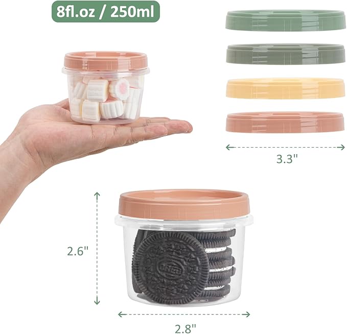 8 Oz Small Food Containers with Lids, 24 Pack, 1-Cup Reusable Snack Containers with Screw Top for Food Small Portions Meal Prep Freezer Storage, Microwave Freezer Dishwasher Safe, 4 Colors