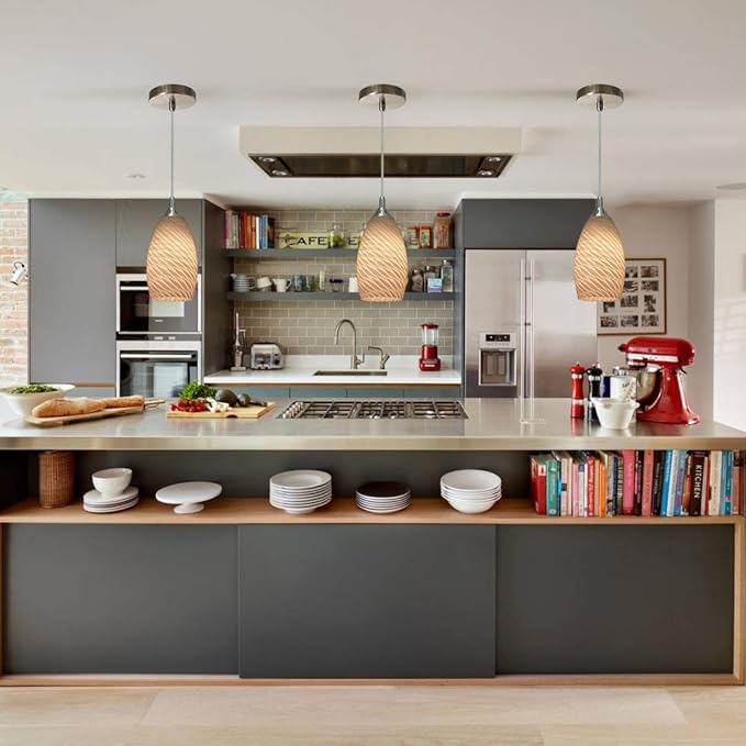 Pendant Lighting, Modern White Fishline Handblown Glass, Oval Art Shade Hanging Light, Brushed Nickel Hardware for Kitchen, Dining Room, Foyer Decor 4.7" Shade (1 Pack)