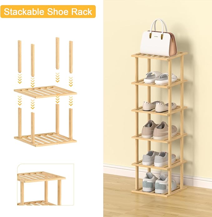 6-Tier Bamboo Shoe Rack - Vertical Shoe Rack for Small Spaces, Tall Narrow Shoe Rack Organizer for Closet Entryway Corner Garage and Bedroom,Free Stackable DIY，Primary Colours