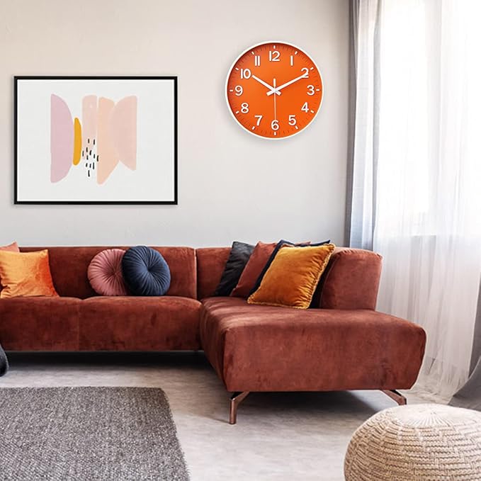 HZDHCLH Wall Clocks Battery Operated,12 inch Silent Non Ticking Modern Wall Clock for Living Room Bedroom Kitchen Office Classroom Decor (Orange & White)