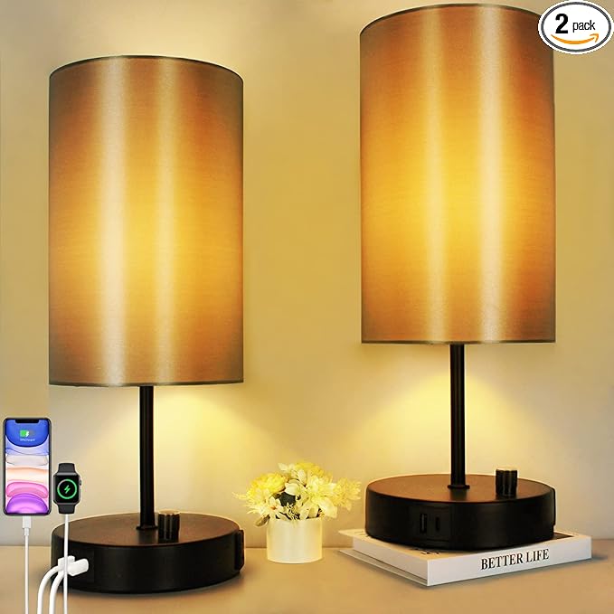 HiBay 17.75" H Dimmable LED Bedside Table Lamps Set of 2with USB Charging Ports & AC Outlet, Modern Black Nightstand Lights for Bedroom, Office, Living Room, Kids Room, E26 Bulb Included