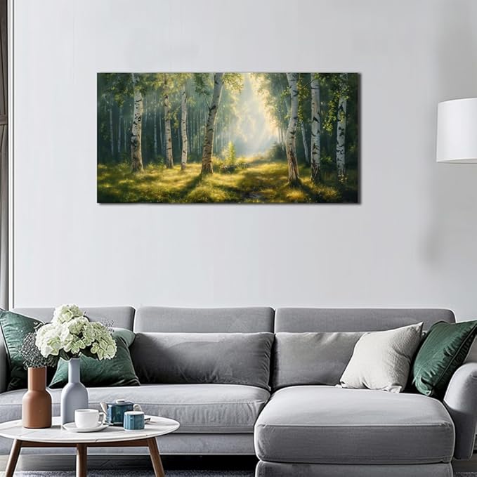 Nature Wall Art Forest Scenery Wall Art Landscape Pictures Green Birch Tree Canvas Print Beautiful Painting Decor for Living Room Mountain Canvas for Home Office Decorations 20x40Inch