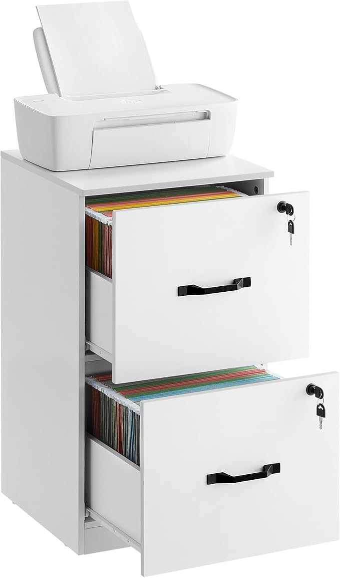 VASAGLE 2 Drawers File Cabinet with Lock, Printer Stand, Office Filing Cabinet Organizer, for A4 and Letter Size Documents, Cloud White UOFC061W14