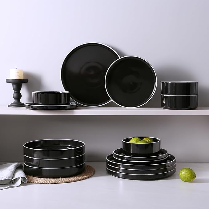 Famiware Nebula Plates and Bowls Set, 24 Pieces Dinnerware Sets, Dishes Set for 8, Black with White Rim