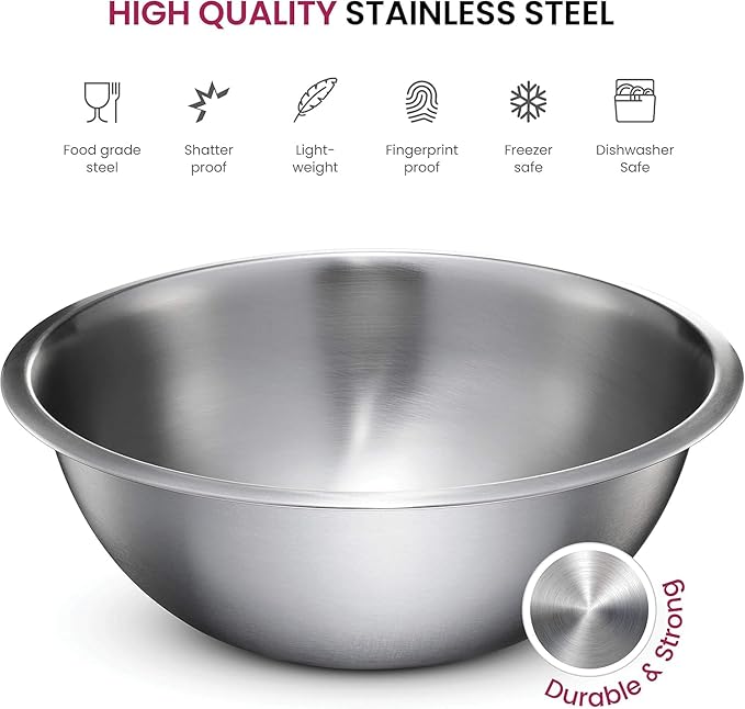 Stainless Steel Mixing Bowl Set, Nesting Bowls for Kitchen Baking, Cooking, Prepping, Kitchen Food Storage Organizers, No Lids (5 Pack)