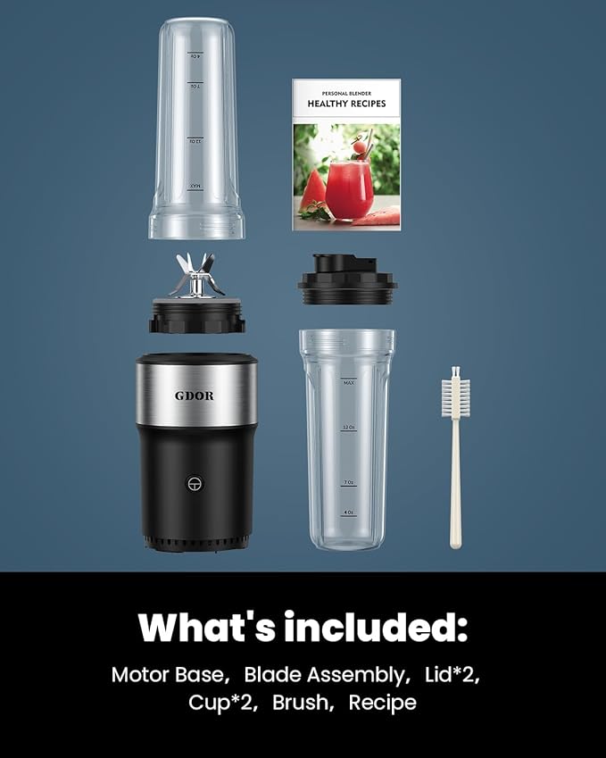 GDOR Blender for Smoothies, 25,000 RPM Personal Blender for Shakes and Smoothies with 2 * 24oz No-BPA To-Go Cups,Detachable 6-leaf Blade,Healthy Recipe,Black
