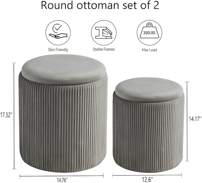 Round Ottoman with Storage Set of 2-Upholstered Velvet Vanity Stool for MakeupMultifunctional Ottomans Coffee Table Padded Seat Foot Rest for Living Room&Bedroom(Light Grey-Upgrade Tray Lid)