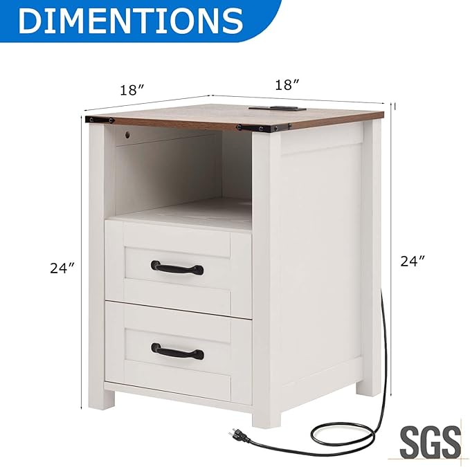 Farmhouse Nightstand with Charging Station & Drawers, White Wood Bedside Table, End Table with 2 Storage Drawers & USB Ports for Bedroom, Dorm, White