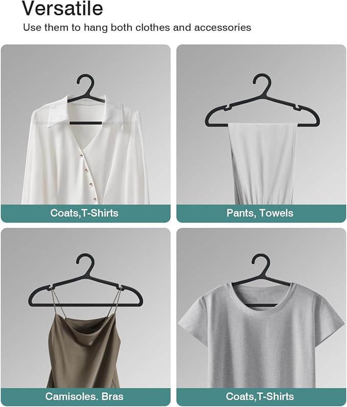 50 Pack Clothes Hangers, Non Slip Plastic Coat Hangers, Space Saving Hangers, Heavy Duty, Hanging Dry Wet Clothes,16.4" x 8.3", Black, UAPY0550B