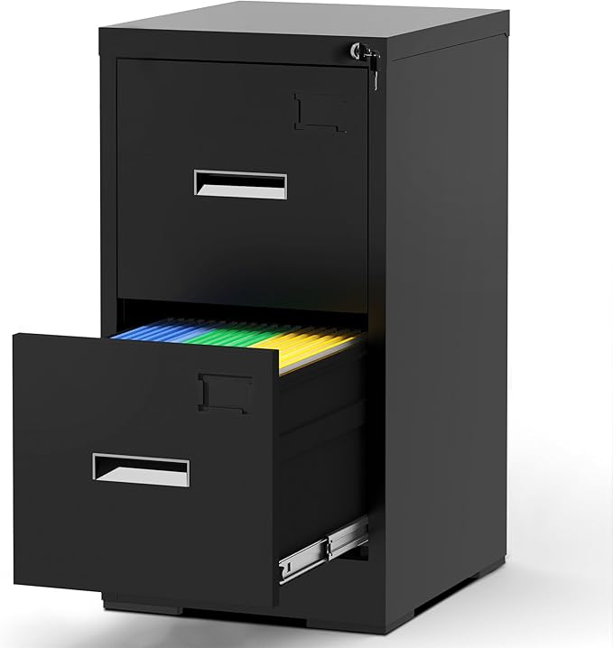 AQY 2 Drawer File Cabinet with Lock, Metal Black Filing Cabinet for Home Office, 18" Deep Heavy Duty Vertical Storage Cabinet for Hanging A4/Letter/Legal Size Files, Assembly Required