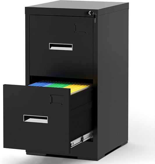 AQY 2 Drawer File Cabinet with Lock, Metal Black Filing Cabinet for Home Office, 18" Deep Heavy Duty Vertical Storage Cabinet for Hanging A4/Letter/Legal Size Files, Assembly Required