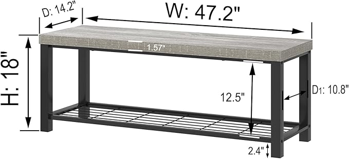 FOLUBAN Entryway Bench, Vintage Wood and Metal Storage Bench with Metal Shelf, Indoor Shoe Rack Bench Seat for Living Room, Bedroom, Hallway, Entrance, Light Grey, 47 Inch