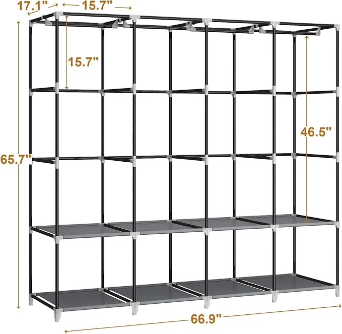 Portable Closet Wardrobe, 67-Inch Clothes Organizer with 4 Hanging Rods and 8 Shelves, Non-Woven Fabric Cover, Large Capacity Storage for Bedroom and Living Room, Grey