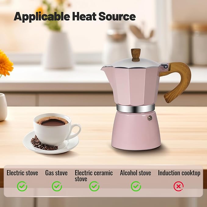 3 Cup Aluminum Moka Pot Classic Stovetop Espresso Coffee Maker 150ml 5oz Coffeemaker Percolator Mocha Pot Greca Coffee Maker Cafe Makers for Italian and Cuban Café Brewing Pink