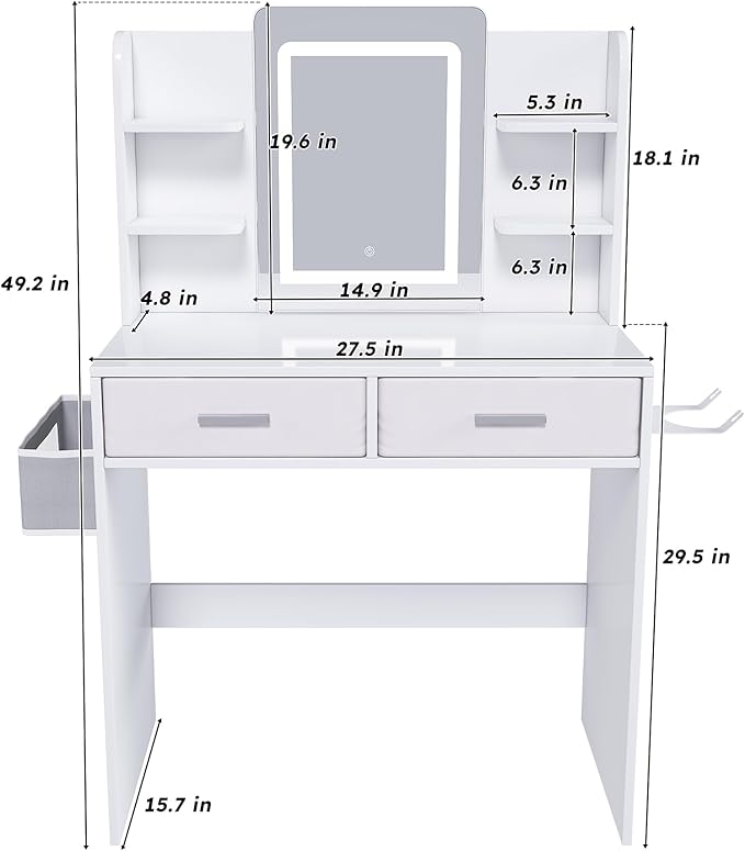 Casaphoria White Vanity Desk with 3-Color LED Mirror, 27.5" Makeup Table with Storage Drawers for Bedroom, Vanity Table with Hair Dryer Stand & Non-Woven Storage Bag for Women and Girls