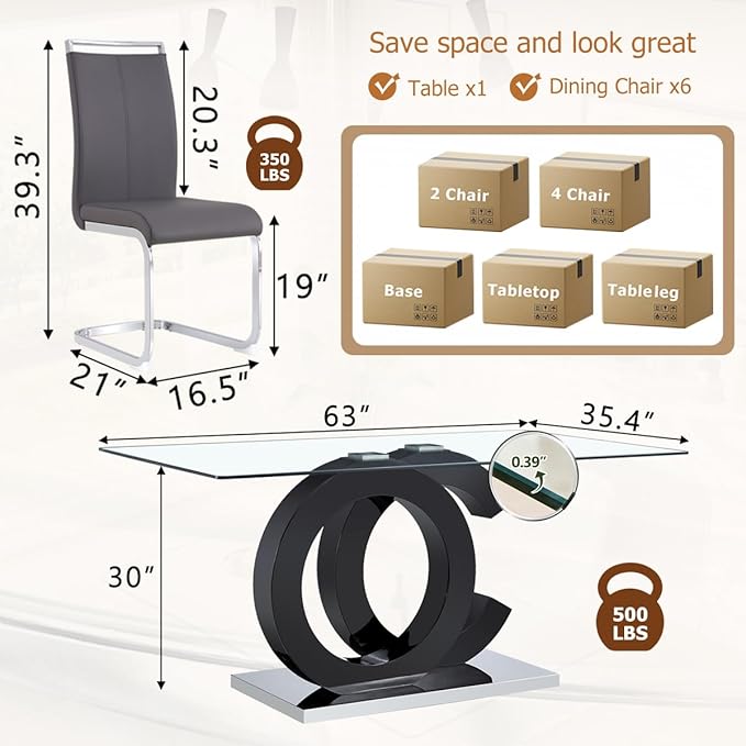 63'' Glass Dining Table Set for 6, Kitchen Table Chairs Set of 6, Clear Glass Dining Table with Black unique design Leg and Silver Metal Base, 6 PU Dining Chairs with Metal Legs, Living Room, Kitchen.