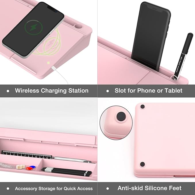 TOWON Desktop Glass Whiteboard with Charger Pad, Small Desk Whiteboard - Glass Dry Erase White Board- Desk Computer Buddy with Storage, Mirror and Charging Station, Pink, 17 x 6 in