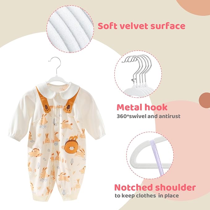 ManGotree 11" Baby Velvet Hangers, Non-Slip Infant Coat Hangers, Ultra-Thin Toddler Felt Hanger with 360° Swivel Hook, Space Saving Children's Hanger for Kids Clothes, 48 Pack (White)