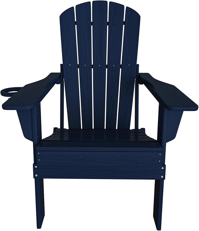 Plawdlik Folding Adirondack Chair, SGS Tested, Wooden Textured with Cup Holder, Heavy All-Weather HDPE Comfortable Set Poolside Backyard Lawn Navy Blue