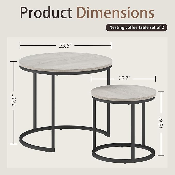 Nesting Tables Set of 2, Round Coffee Table, Small Nesting Coffee Table with Adjustable Non-Slip Fee, Wood Grain Top Nesting Tables for Living Room, Bedroom (Wood Grain Grey)