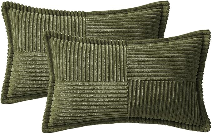 MIULEE Olive Green Corduroy Lumbar Pillow Covers 12x20 Inch 12x20 Inch with Splicing Set of 2 Soft Boho Pillow Covers Broadside Decorative Textured Summer Pillowcases for Couch Bed Livingroom
