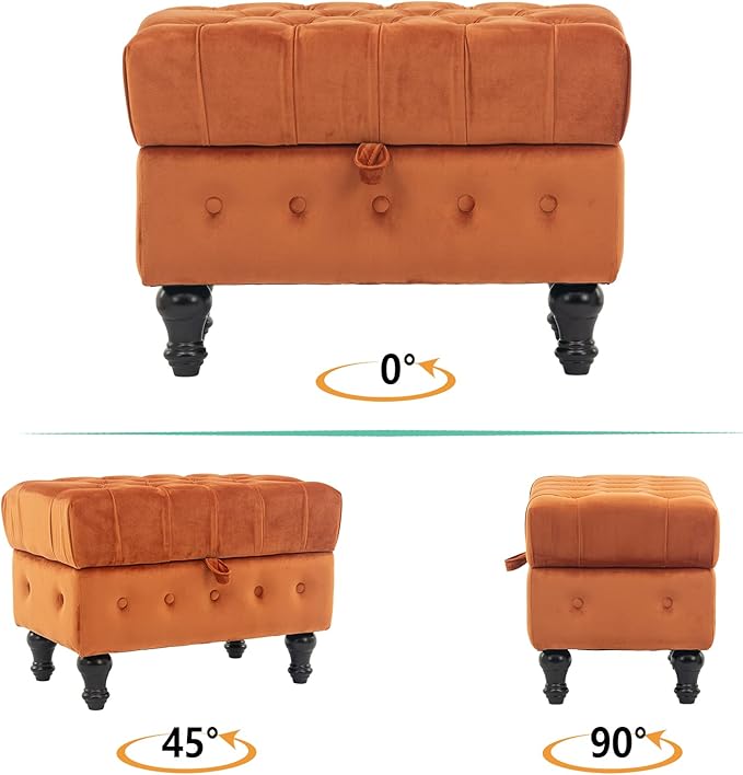 Artechworks Rectangular Storage Coffee Table Ottoman,Button Tufted Velet Upholstery Footstool Bedroom Ottoman for Living Room, Home Office, Space-Saving Storage Toy Box Stool, Caramel