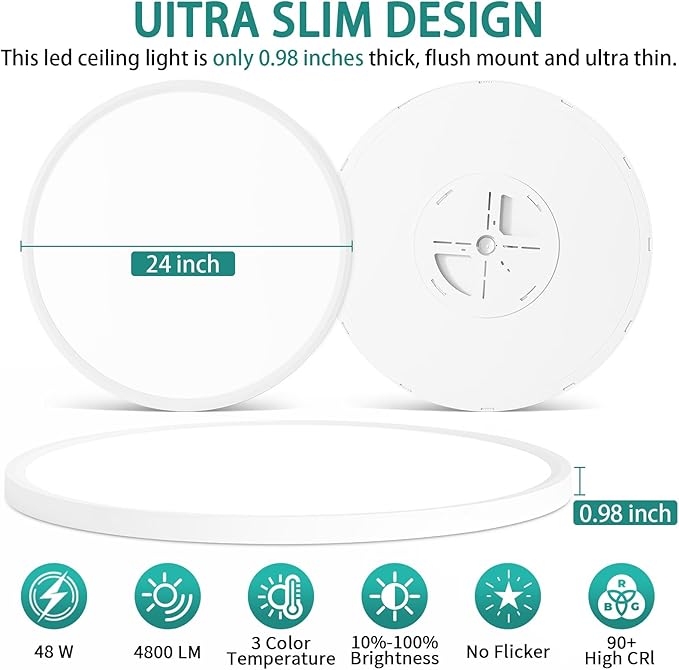 24 Inch Dimmable LED Ceiling Light Fixture, Ultra Thin Flush Mount, 48W 4800Lumen, 3 Color Changeable, Round, White, for Dining Room, Living Room, Bedroom, Office, Hotel