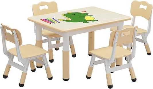 GAOMON Kids Table and 4 Chairs Set, Height Adjustable Toddler Table and Chairs Set for Ages 2-10, Graffiti Desktop, Non-Slip Legs, Children Table for Daycare Home