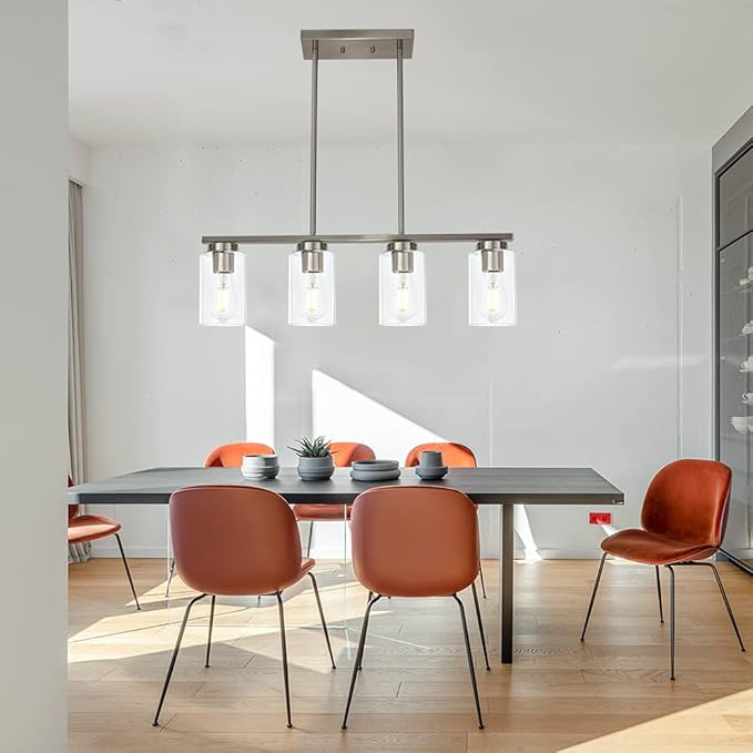 Modern Kitchen Island Light with Clear Glass Shades, 4-Lights Hanging Lighting Fixtures in Brushed Nickel for Dining Room