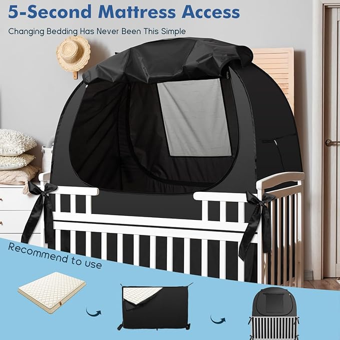 Crib Blackout Cover, Breathable Blackout Crib Cover to Block 90% of Light, Portable Crib Tent Blackout for Baby Better Napping or Sleeping