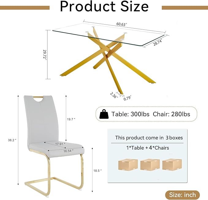 Modern Glass Dining Table Set for 4, Gold Glass Kitchen Table and Chairs Set of 4, 5 Piece Dining Room Table Set with 61" Rectangular Metal Glass Dinner Table and 4 Grey Leather Dining Chairs