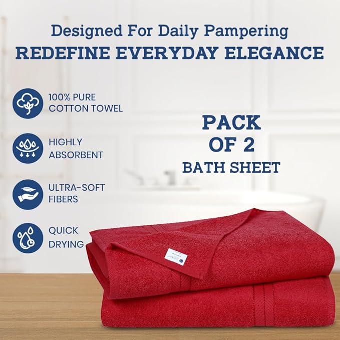 Casa Lino Bath Sheets Set Extra Large - 100% Cotton Extra Large Bath Towels - Highly Absorbent & Quick Dry Oversized Towels for Adults - 60" x 30" - Pack of 2 - (Red)