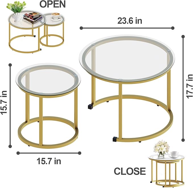 aboxoo Gold Nesting Coffee Table Set of 2, Small Glass Round Nesting Tables for Living Room Bedroom, Accent Tea Table with Metal Frame Modern Industrial Simple